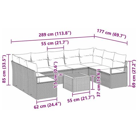 Set da giardino da 10 pezzi con cuscini Nero Polyrattan Acacia, Divano da giardino a 2 posti con cuscini Nero Polyrattan - Foto 9