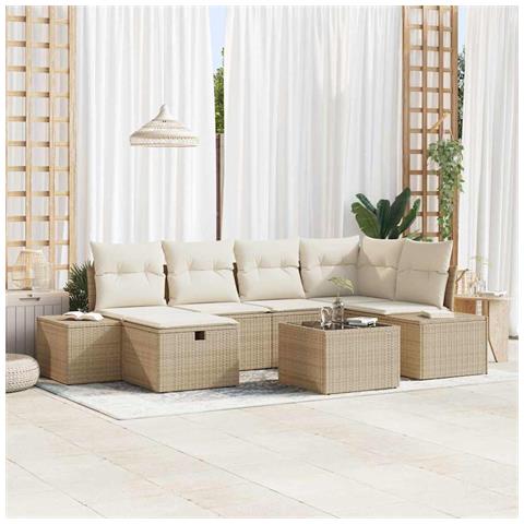 Set di divano da giardino a 7 pezzi con cuscini Beige Polirattan - Foto 2