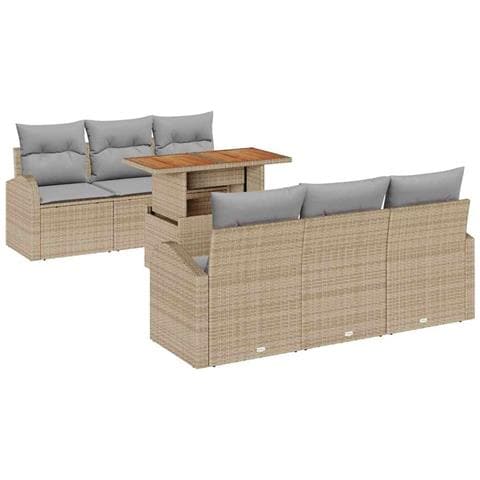 Set Divani Giardino a 7 Pezzi con Cuscini Beige in Rattan Polietilene, Divano Giardino a 2 Posti con Ripostiglio e Cuscini Beige in Rattan Polietilene - Foto 1