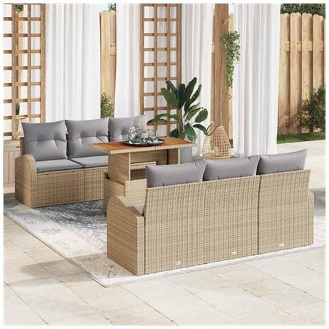 Set Divani Giardino a 7 Pezzi con Cuscini Beige in Rattan Polietilene, Divano Giardino a 2 Posti con Ripostiglio e Cuscini Beige in Rattan Polietilene - Foto 2