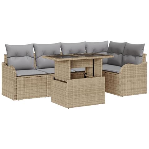 Set Sofà Giardino 6 Pezzi con Cuscini Beige Rattan Poliestere, Sofà Giardino 2 Posti con Cuscini Beige Rattan Poliestere - Foto 1