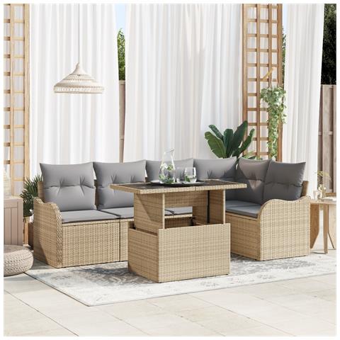 Set Sofà Giardino 6 Pezzi con Cuscini Beige Rattan Poliestere, Sofà Giardino 2 Posti con Cuscini Beige Rattan Poliestere - Foto 2