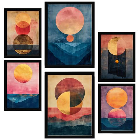 Set Di 6 Stampe Lune Dorate Astratte Incorniciate Con Illustrazioni Di Design Per Decorare Le Pareti Della Tua Casa A3 & A4 Cornice Nera - Foto 1
