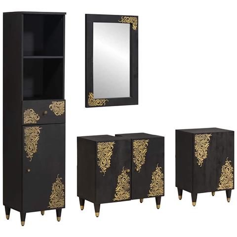 Set di Armadi da Bagno 4 pcs Nero Legno di mango massello - Foto 1