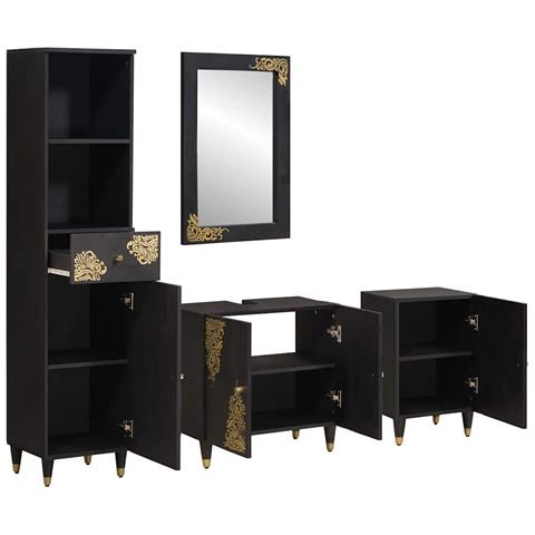 Set di Armadi da Bagno 4 pcs Nero Legno di mango massello - Foto 2