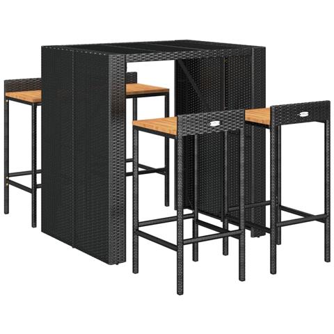 Set Bar Giardino 5 Pz Nero Polyrattan E Legno Massello Acacia - Foto 2