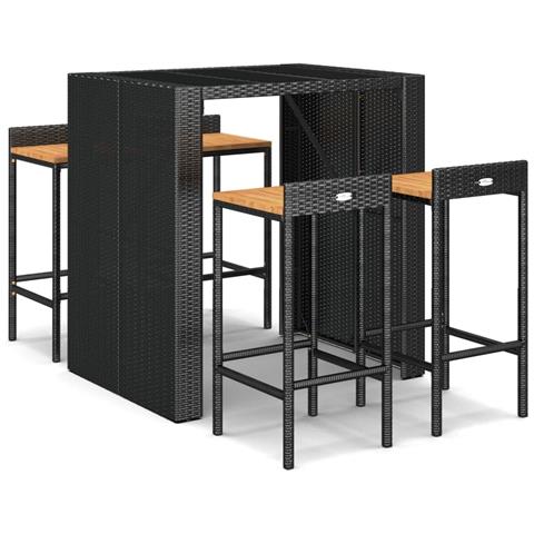Set Bar Giardino 5 Pz Nero Polyrattan E Legno Massello Acacia - Foto 1