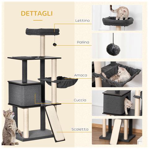 Tiragraffi Per Gatti Multilivello, Pali In Sisal, Casetta, Lettino E Cuscini, 60x40x146cm - Foto 6