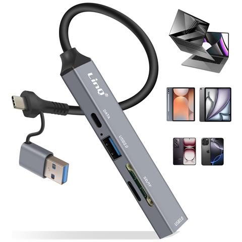 Hub Usb-c E Usb Con Usb-c + Usb 2.0 + 3.0 Lettore Di Schede Sd E Tf, Nero - Foto 2