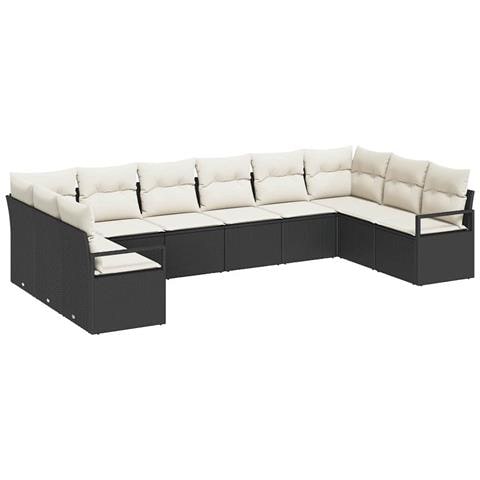 Set da giardino  da 10 pezzi con cuscini Nero Polyrattan, Divano da giardino  a due posti con cuscini Nero Polyrattan - Foto 1