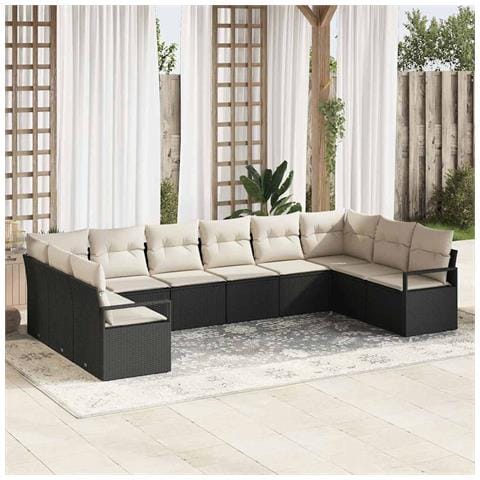 Set da giardino  da 10 pezzi con cuscini Nero Polyrattan, Divano da giardino  a due posti con cuscini Nero Polyrattan - Foto 2