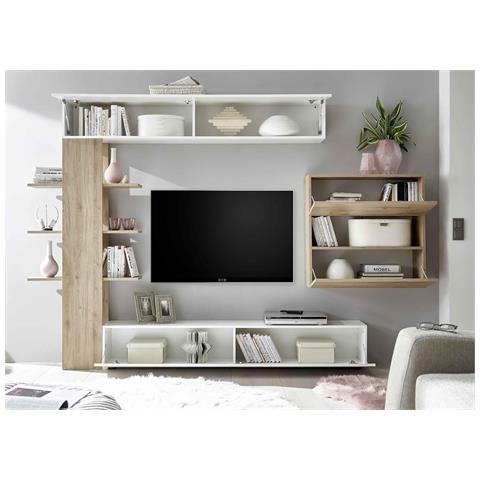Parete Attrezzata Soggiorno Salotto Sala Cucina Moderna Design Mobile Tv Moderno Pensili Mensola In Legno Rovere Bianco Lucido - Foto 2