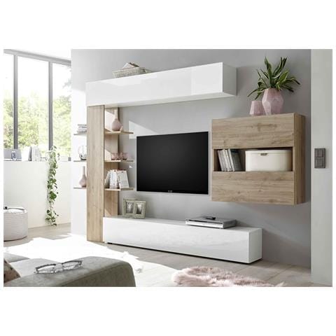 Parete Attrezzata Soggiorno Salotto Sala Cucina Moderna Design Mobile Tv Moderno Pensili Mensola In Legno Rovere Bianco Lucido - Foto 1