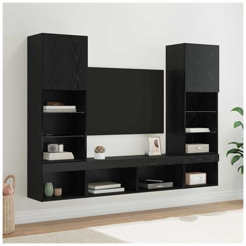 Unità a muro per TV con LED 5 pcs Rovere Nero Legno multistrato - Foto 2