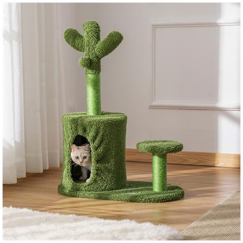 Albero Tiragraffi Per Gatti Fino 4.5kg A Forma Di Cactus Con Palline E Cuccia, 60x35x78cm - Verde - Foto 2