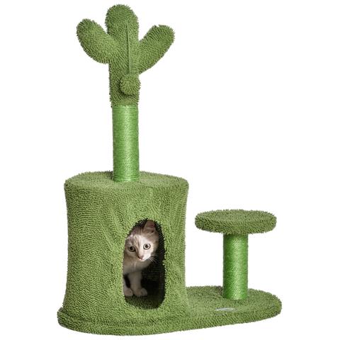 Albero Tiragraffi Per Gatti Fino 4.5kg A Forma Di Cactus Con Palline E Cuccia, 60x35x78cm - Verde - Foto 1