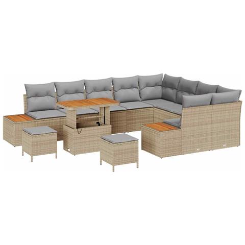 Set da Giardino da 12 pezzi con Cuscini in Polyrattan Beige Acacia, Set da Pranzo da Giardino da 3 Pezzi con Cuscini in Polyrattan Beige Acacia - Foto 1