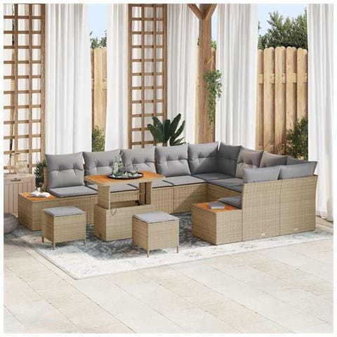 Set da Giardino da 12 pezzi con Cuscini in Polyrattan Beige Acacia, Set da Pranzo da Giardino da 3 Pezzi con Cuscini in Polyrattan Beige Acacia - Foto 2