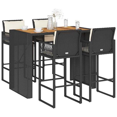 Set Bar da Giardino 5 pz con Cuscini Nero in Polyrattan Acacia - Foto 2