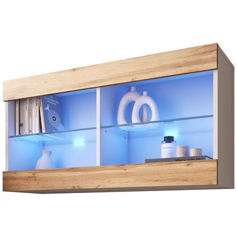Komodee Tivoli Horizontal 100 Vetrina Sospesa, Bianco/rovere Wotan, Illuminazione Led Blu, Larghezza 100 Cm X Altezza 50 Cm X Profondità 29 Cm, Per Soggiorno, Sala Da Pranzo - Foto 3