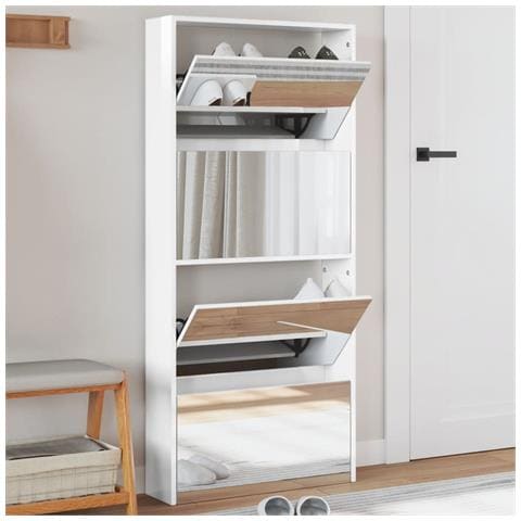 Scarpiera Con Specchio A 4 Livelli Bianco Lucido 63x17x134 Cm - Foto 1