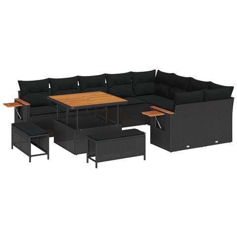 Set da giardino  da 12 pezzi con cuscini in Polyrattan nero e Acacia, Set da pranzo da giardino  da 3 pezzi con cuscini in Polyrattan nero e Acacia - Foto 1