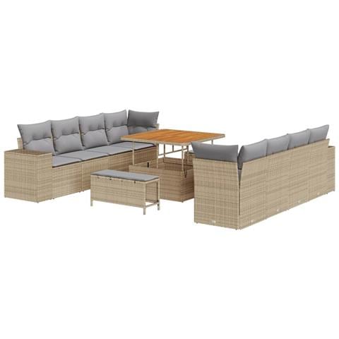 Set di divani da giardino  11 pezzi con cuscini Beige Polyrattan Acacia, Set da pranzo da giardino  3 pezzi con cuscini Beige Polyrattan Acacia - Foto 1