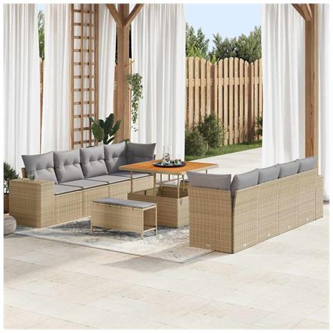Set di divani da giardino  11 pezzi con cuscini Beige Polyrattan Acacia, Set da pranzo da giardino  3 pezzi con cuscini Beige Polyrattan Acacia - Foto 2