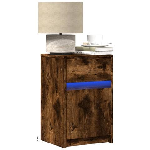 Comodino con Luci LED Rovere Fumo in Legno Multistrato - Foto 2