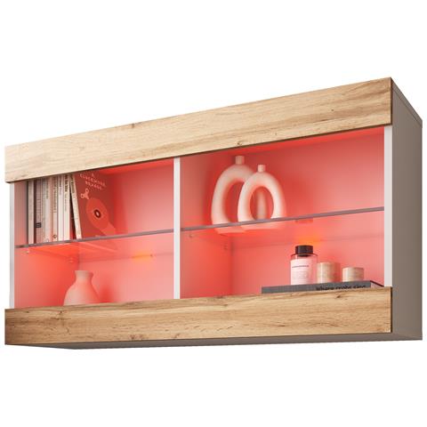 Komodee Tivoli Horizontal 100 Vetrina Sospesa, Bianco/rovere Wotan, Illuminazione Led Multicolore Rgb, Larghezza 100 Cm X Altezza 50 Cm X Profondità 29 Cm, Per Soggiorno, Sala Da Pranzo - Foto 3