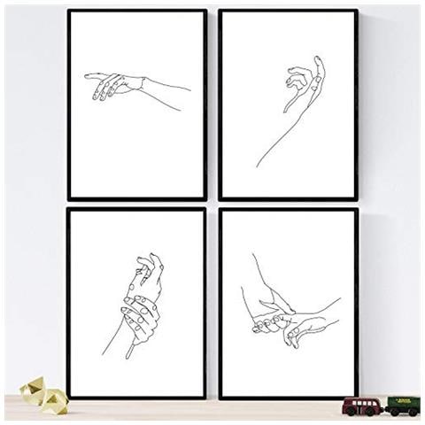 Set Di 4 Stampe Lamini Di Disegni E Schizzi A Una Linea Mani 2 Poster Nordico Dei Volti Nudi Corpi Al Naturale Tavolo Cornice Nera A4 - Foto 1