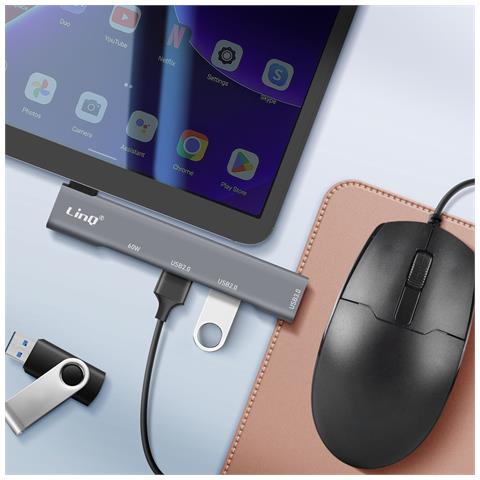 Hub Usb-c 4 In 1 Con Ricarica Usb-c 60w E 3 Porte Usb 3.0 E 2.0, Argento - Foto 5