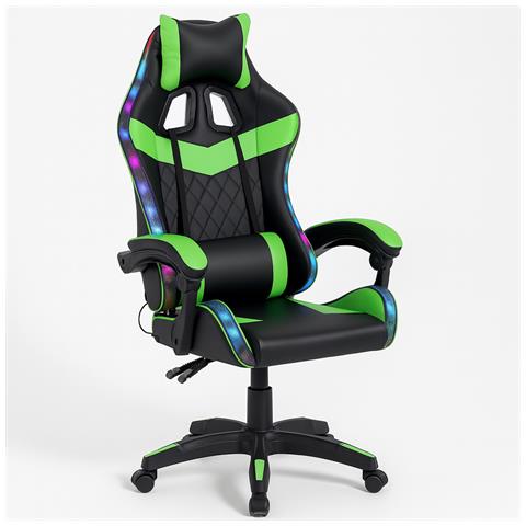 Sedia Gaming Da Scrivania Verde E Nera Con Led Rgb Altezza Regolabile 106-116cm - Foto 1