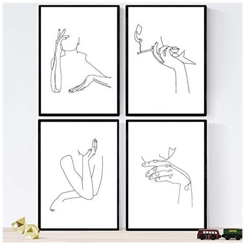 Set Di 4 Stampe Lamini Di Disegni E Schizzi A Una Linea Donne Poster Nordico Dei Volti Nudi Corpi Al Naturale Tavolo Cornice Nera A3 - Foto 1