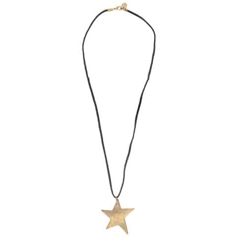 Collana Lunga, Grande Stella Dorata, Pelle Nera, 80 Cm - Foto 1