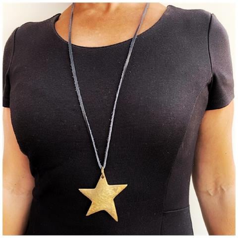 Collana Lunga, Grande Stella Dorata, Pelle Nera, 80 Cm - Foto 5