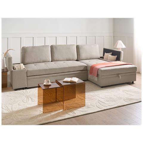 Divano Letto Angolare 3 Posti Hrisey Lino Sintetico Beige Lato Sinistro - Foto 1