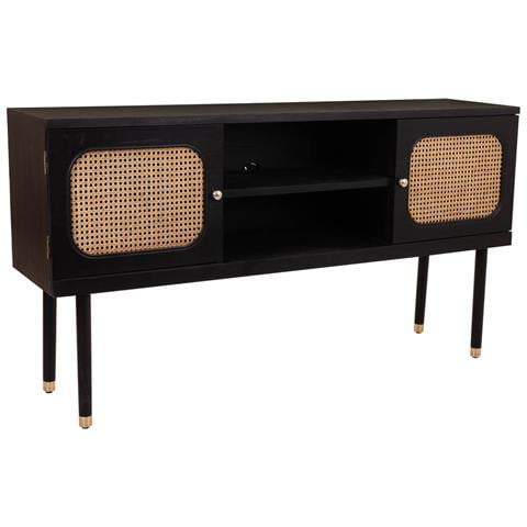 Credenza In Legno E Rete Di Bambù Con Due Ante Nere 152,5x38x81h - Foto 1