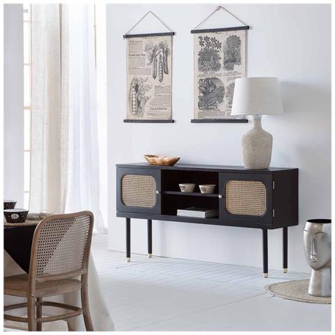 Credenza In Legno E Rete Di Bambù Con Due Ante Nere 152,5x38x81h - Foto 2