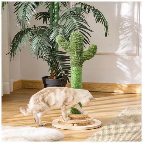 Albero Tiragraffi A Cactus Per Gatti, Corda Sisal E Base Con Palline In Legno, 32x32x60cm - Foto 2