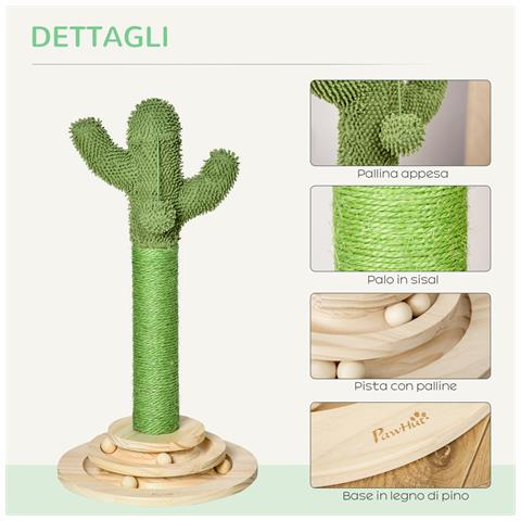 Albero Tiragraffi A Cactus Per Gatti, Corda Sisal E Base Con Palline In Legno, 32x32x60cm - Foto 6