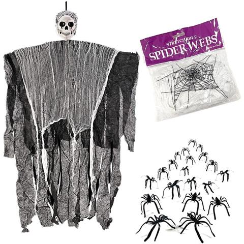 Decorazione Halloween Spettrale: Mietitore Appeso Con Ragnatela E Ragni - Foto 1