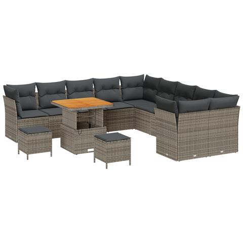 Set da Giardino  da 13 Pezzi con Cuscini Grigio Rattan Poliacacia, Set da Pranzo da Giardino  da 3 Pezzi con Cuscini Grigio Rattan Poliacacia - Foto 1
