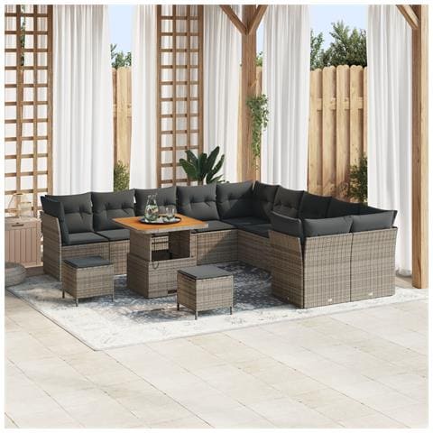 Set da Giardino  da 13 Pezzi con Cuscini Grigio Rattan Poliacacia, Set da Pranzo da Giardino  da 3 Pezzi con Cuscini Grigio Rattan Poliacacia - Foto 2
