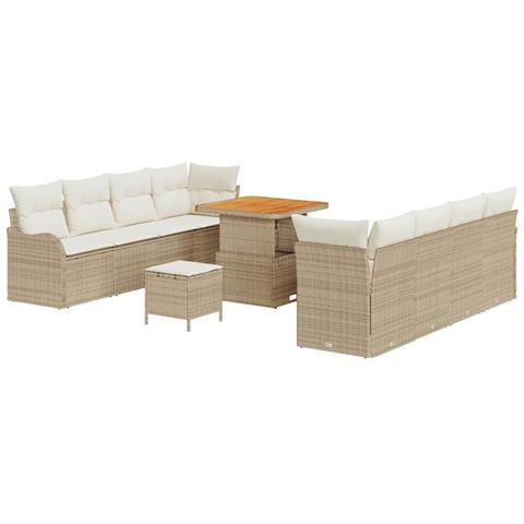Set di divani da giardino  11 pezzi con cuscini beige rattan poliestere acacia, Divano da giardino  2 posti con cuscini beige rattan poliestere, Set pranzo da giardino  3 pezzi con cuscini beige rattan poliestere acacia - Foto 1