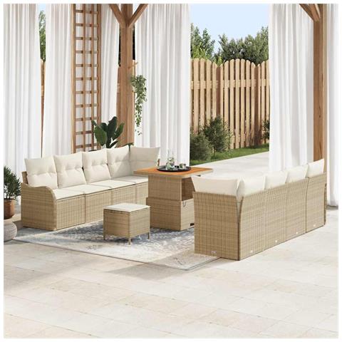 Set di divani da giardino  11 pezzi con cuscini beige rattan poliestere acacia, Divano da giardino  2 posti con cuscini beige rattan poliestere, Set pranzo da giardino  3 pezzi con cuscini beige rattan poliestere acacia - Foto 2