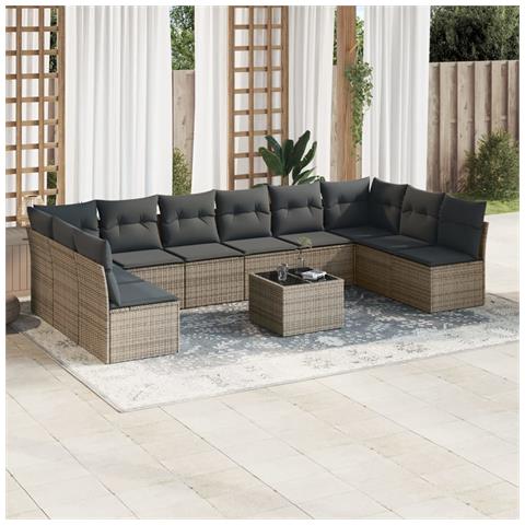 Set Divani da Giardino 11 pz con Cuscini in Polyrattan Grigio - Foto 2