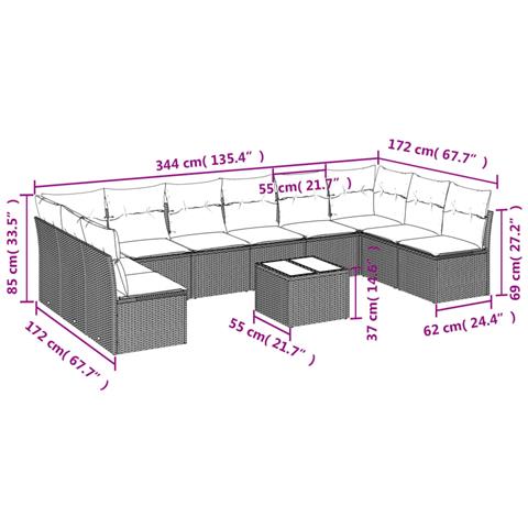 Set Divani da Giardino 11 pz con Cuscini in Polyrattan Grigio - Foto 3