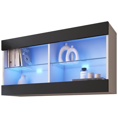 Komodee Tivoli Horizontal 100 Vetrina Sospesa, Bianco/nero, Illuminazione Led Blu, Larghezza 100 Cm X Altezza 50 Cm X Profondità 29 Cm, Per Soggiorno, Sala Da Pranzo - Foto 3
