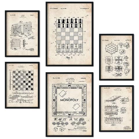 Set Di 6 Stampe Poster Con Brevetti Di Giochi Da Tavolo Poster Con Immagini Di Brevetti Retrò Design D'interni In Stile Vintage A3 & A4 Cornice Nera - Foto 1